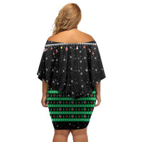 Christmas Colorful Dog Pawprint Off Shoulder Short Dress Black Snowflake Pattern Design - Wonder Print Shop