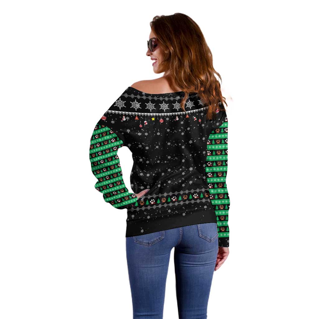 Christmas Colorful Dog Pawprint Off Shoulder Sweater Black Snowflake Pattern Design - Wonder Print Shop