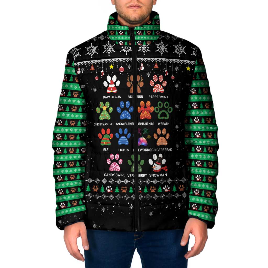 Christmas Colorful Dog Pawprint Padded Jacket Black Snowflake Pattern Design - Wonder Print Shop