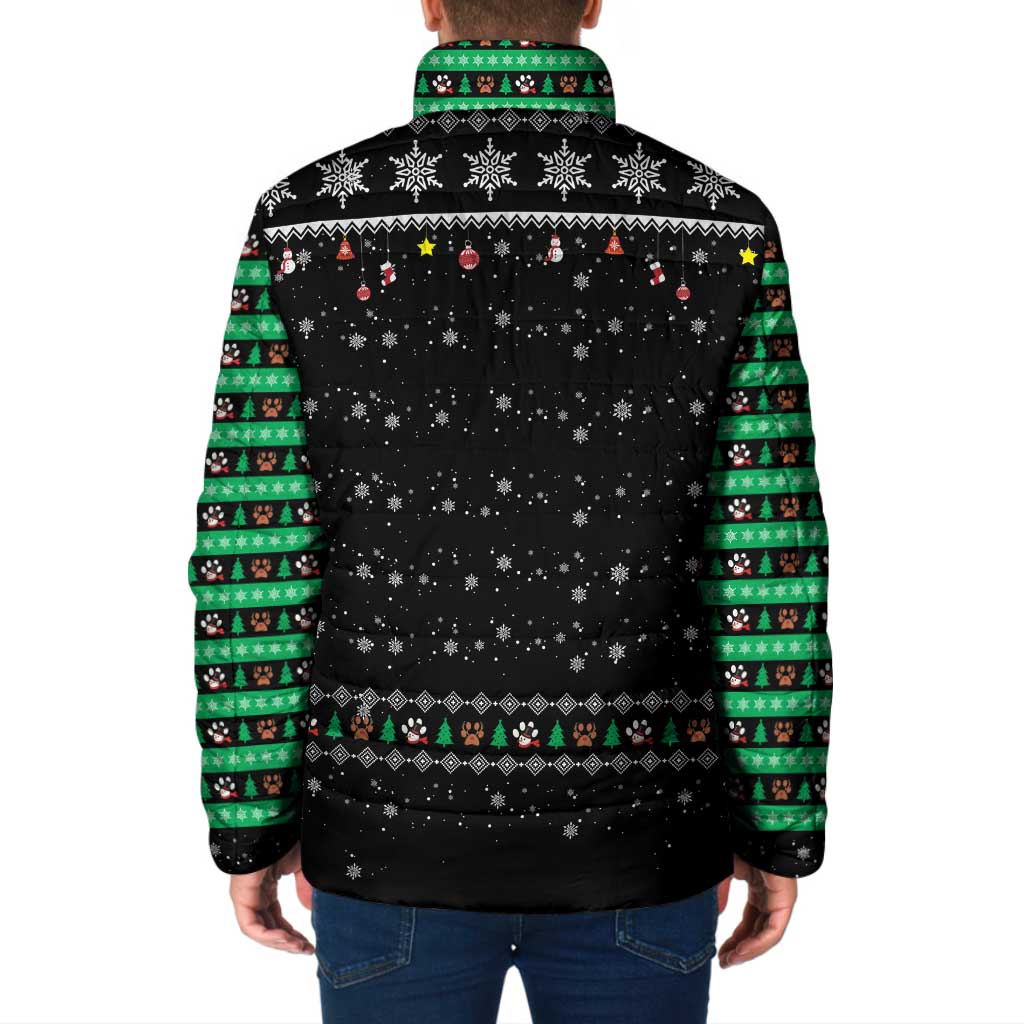 Christmas Colorful Dog Pawprint Padded Jacket Black Snowflake Pattern Design - Wonder Print Shop