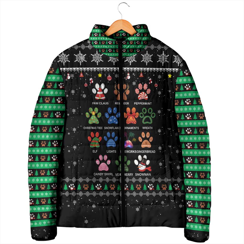 Christmas Colorful Dog Pawprint Padded Jacket Black Snowflake Pattern Design - Wonder Print Shop