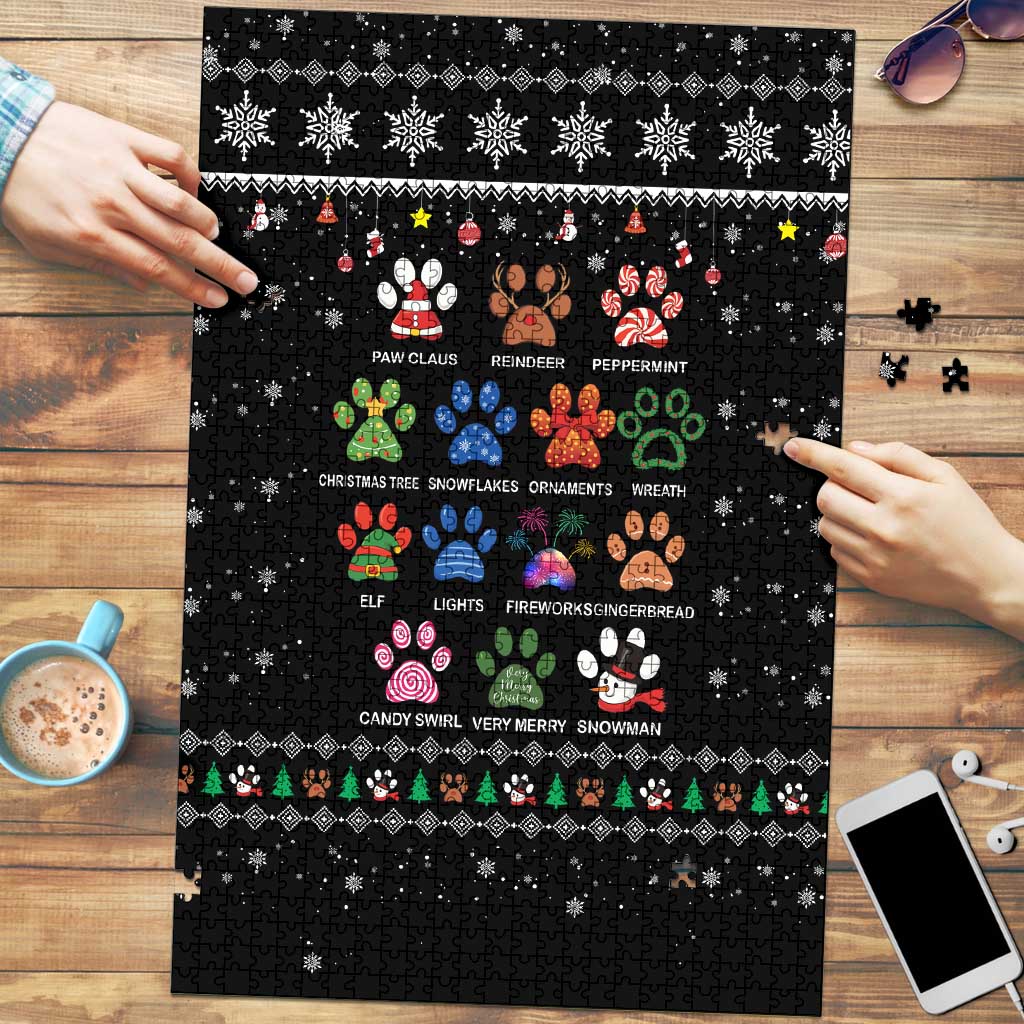 Christmas Colorful Dog Pawprint Puzzle Black Snowflake Pattern Design - Wonder Print Shop