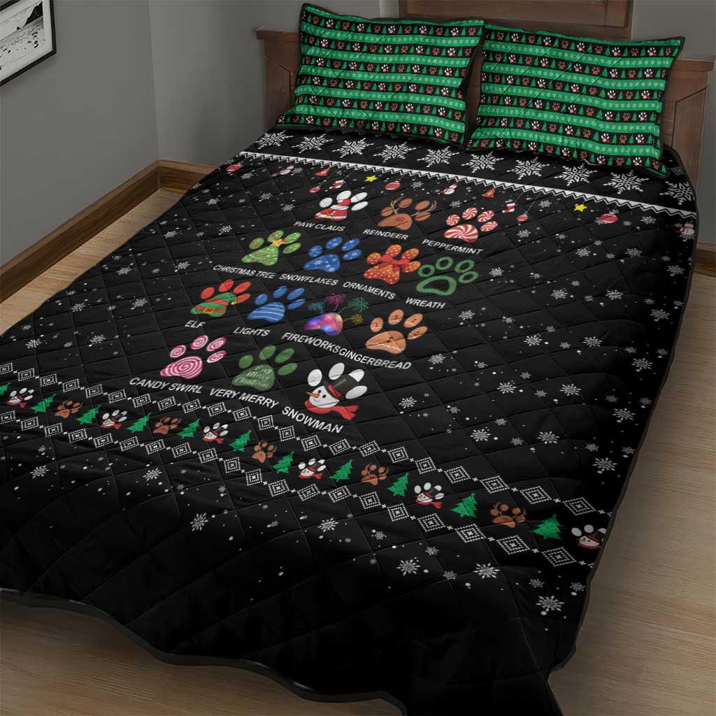 Christmas Colorful Dog Pawprint Quilt Bed Set Black Snowflake Pattern Design - Wonder Print Shop