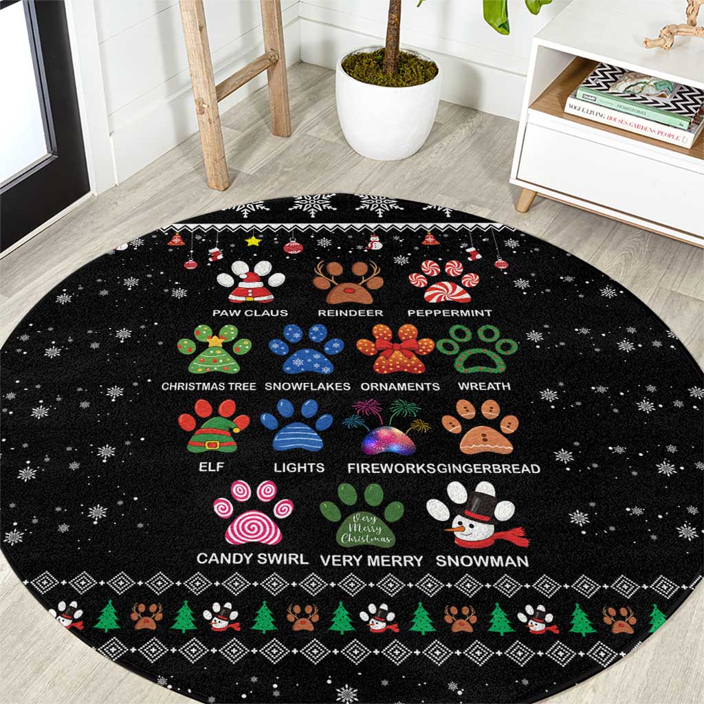 Christmas Colorful Dog Pawprint Round Carpet Black Snowflake Pattern Design - Wonder Print Shop