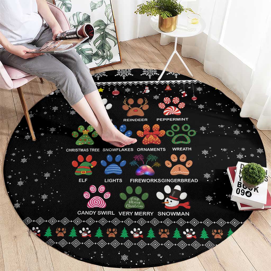 Christmas Colorful Dog Pawprint Round Carpet Black Snowflake Pattern Design - Wonder Print Shop