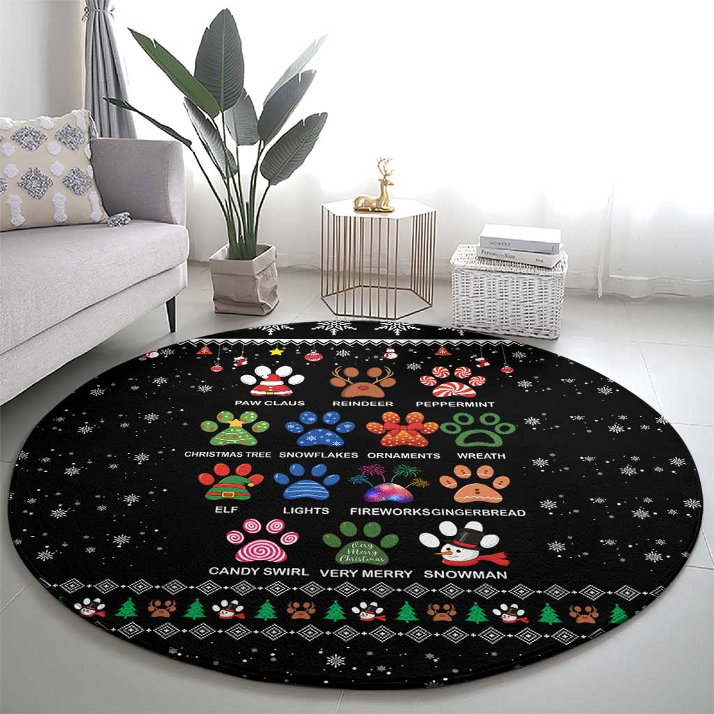 Christmas Colorful Dog Pawprint Round Carpet Black Snowflake Pattern Design - Wonder Print Shop