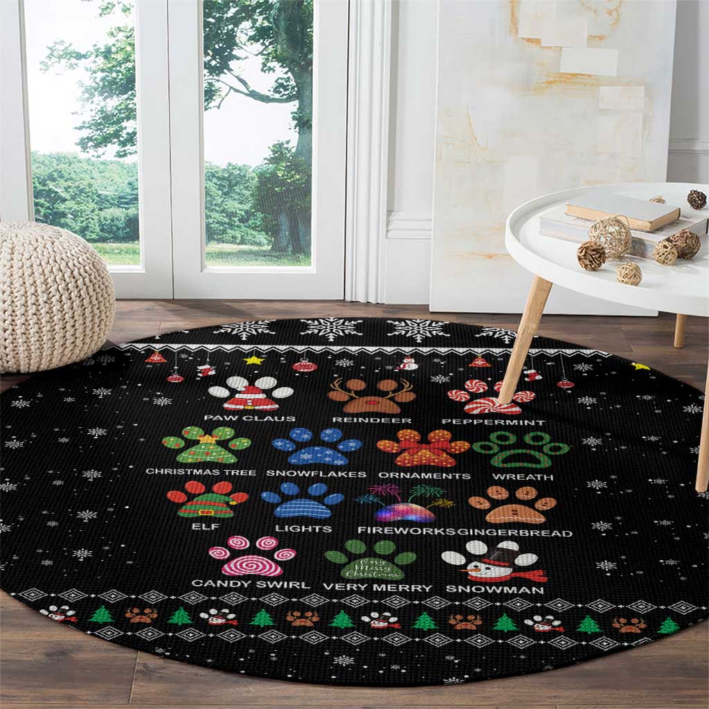Christmas Colorful Dog Pawprint Round Carpet Black Snowflake Pattern Design - Wonder Print Shop