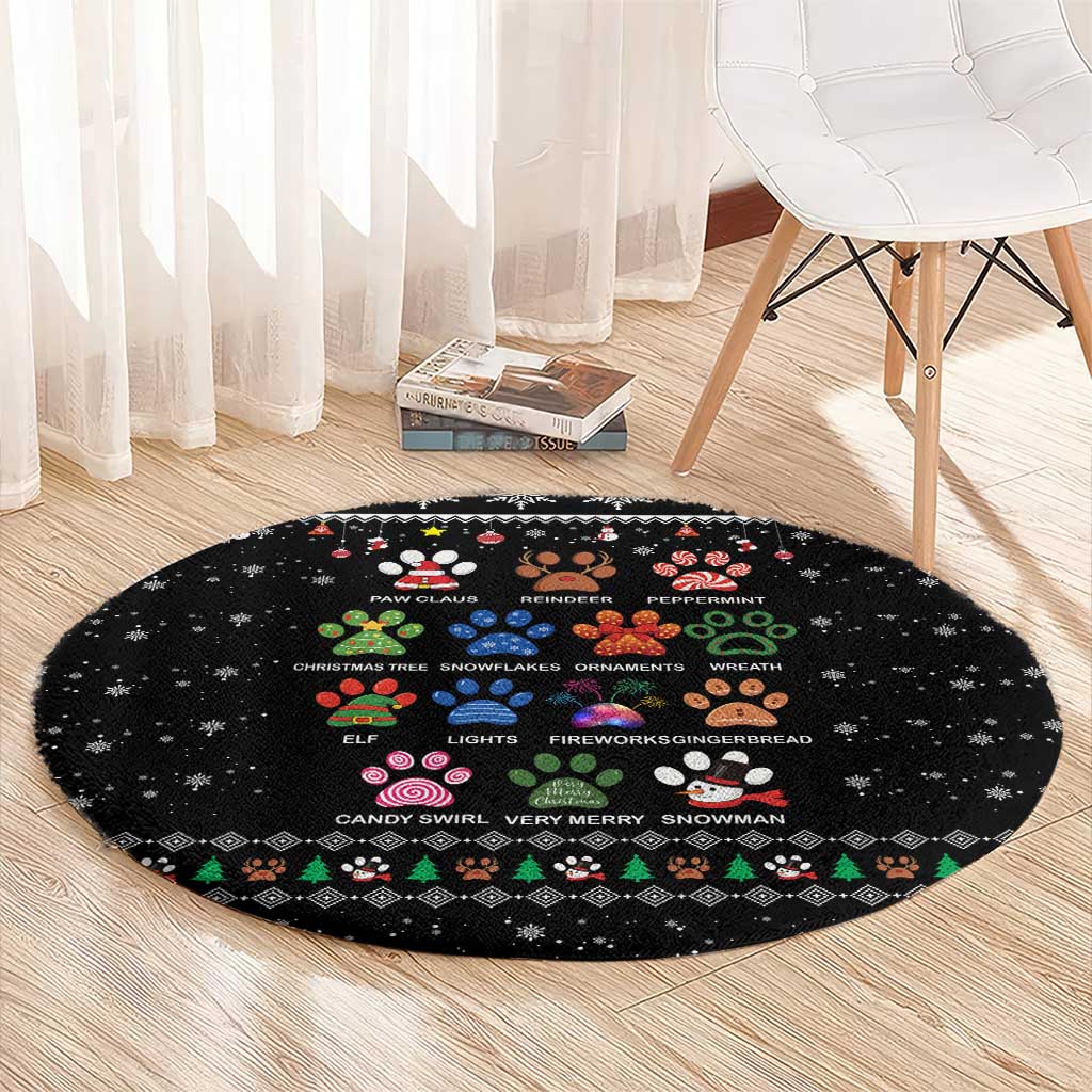 Christmas Colorful Dog Pawprint Round Carpet Black Snowflake Pattern Design - Wonder Print Shop