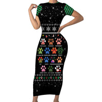 Christmas Colorful Dog Pawprint Short Sleeve Bodycon Dress Black Snowflake Pattern Design - Wonder Print Shop