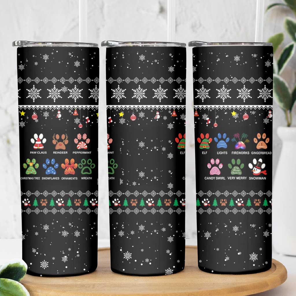 Christmas Colorful Dog Pawprint Skinny Tumbler Black Snowflake Pattern Design - Wonder Print Shop