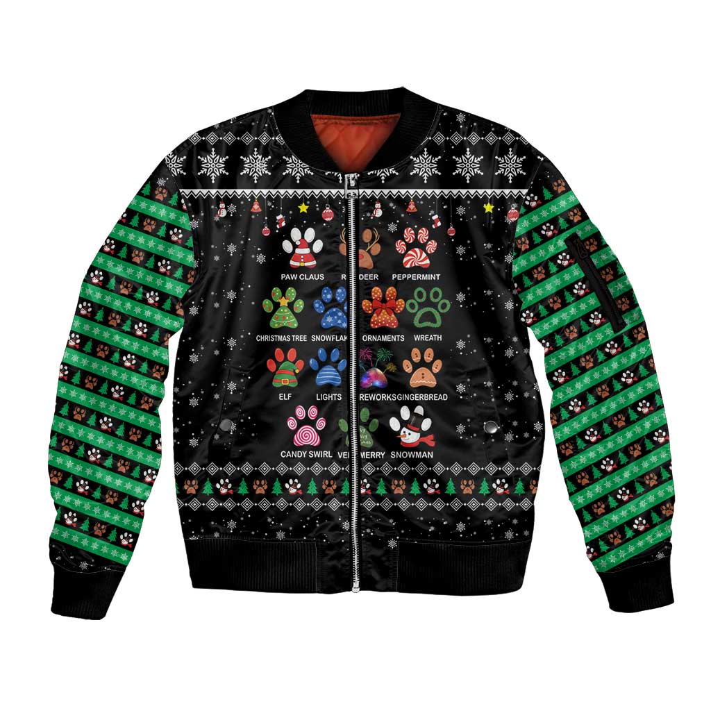 Christmas Colorful Dog Pawprint Sleeve Zip Bomber Jacket Black Snowflake Pattern Design - Wonder Print Shop