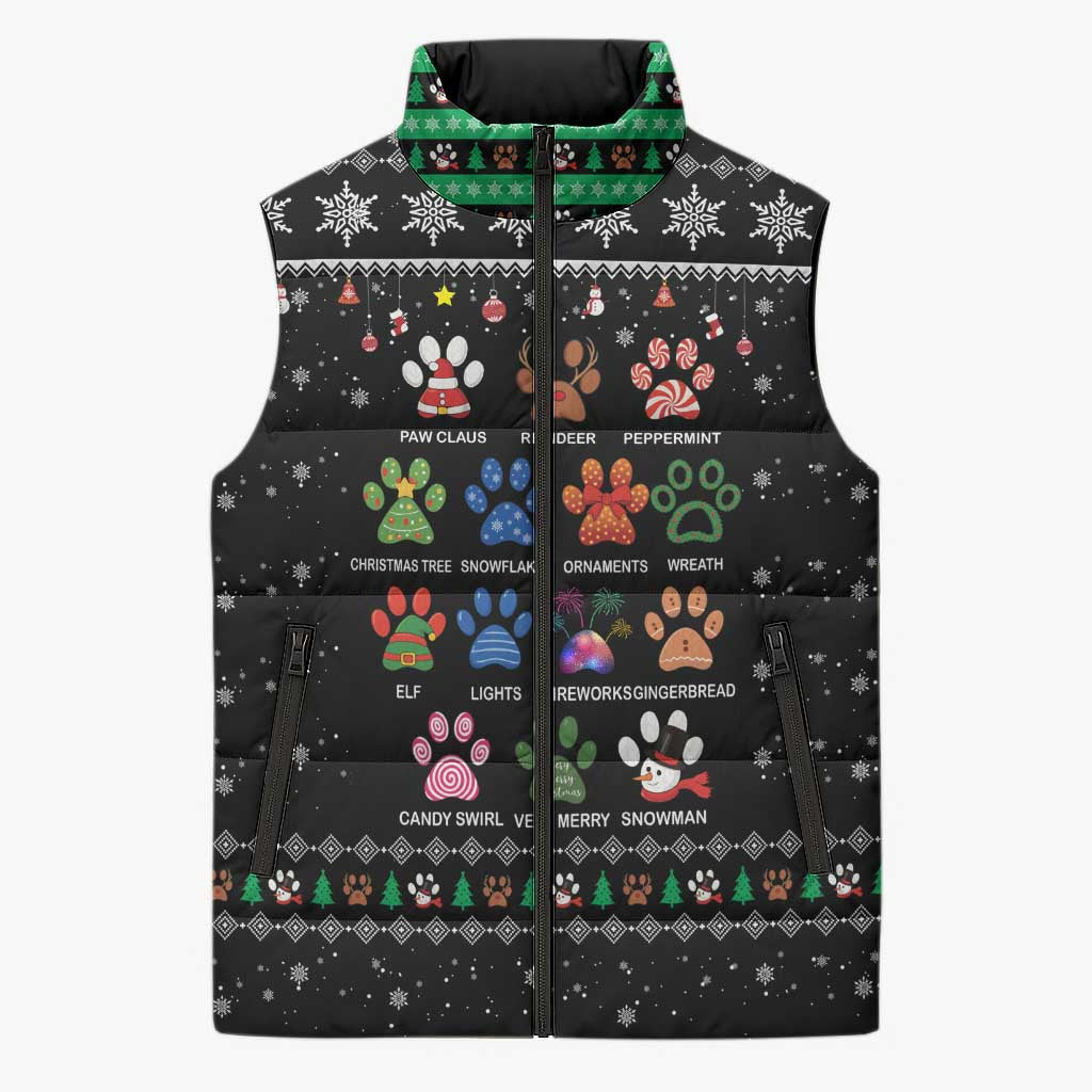 Christmas Colorful Dog Pawprint Sleeveless Puffer Jacket Black Snowflake Pattern Design - Wonder Print Shop