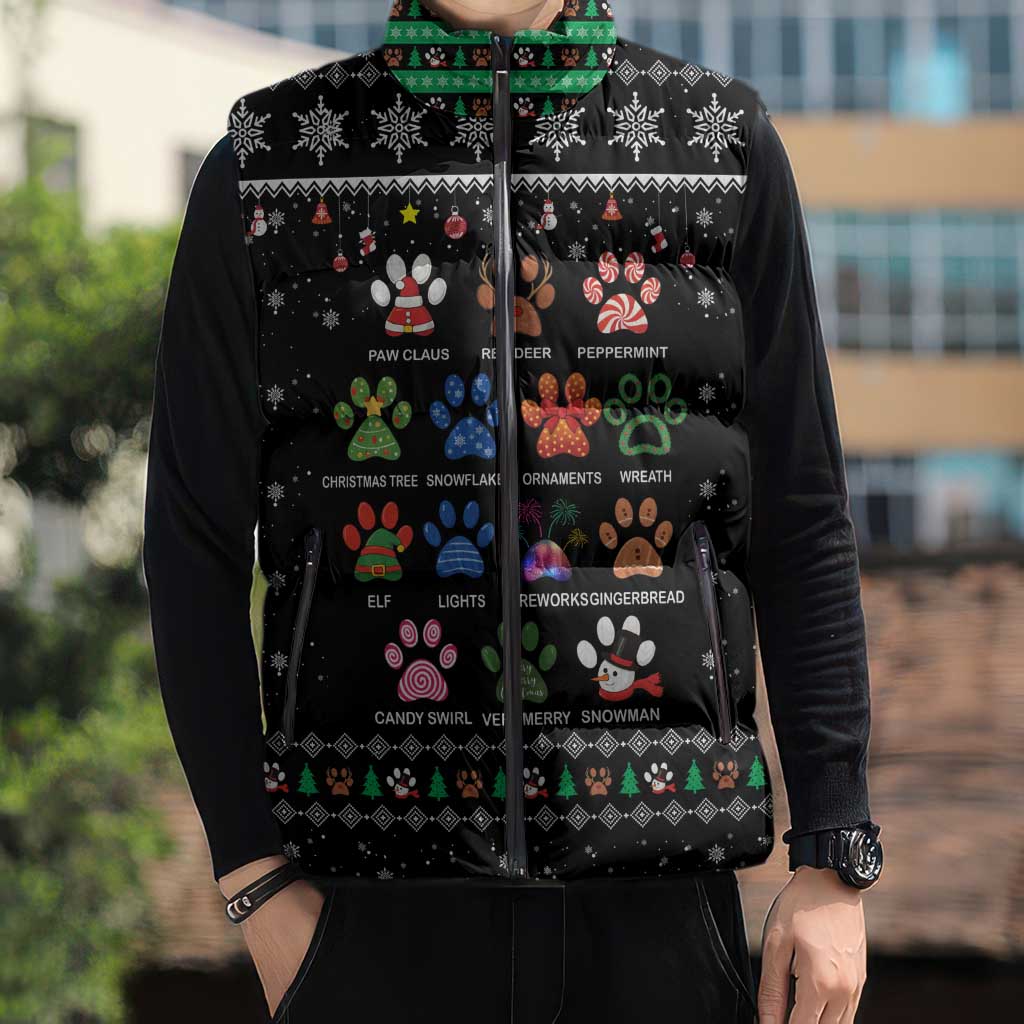 Christmas Colorful Dog Pawprint Sleeveless Puffer Jacket Black Snowflake Pattern Design - Wonder Print Shop