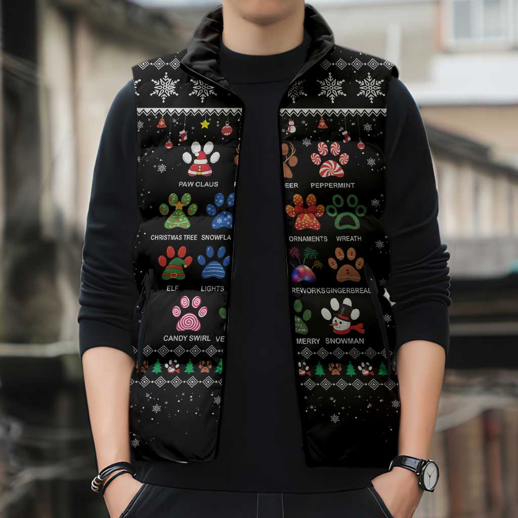 Christmas Colorful Dog Pawprint Sleeveless Puffer Jacket Black Snowflake Pattern Design - Wonder Print Shop