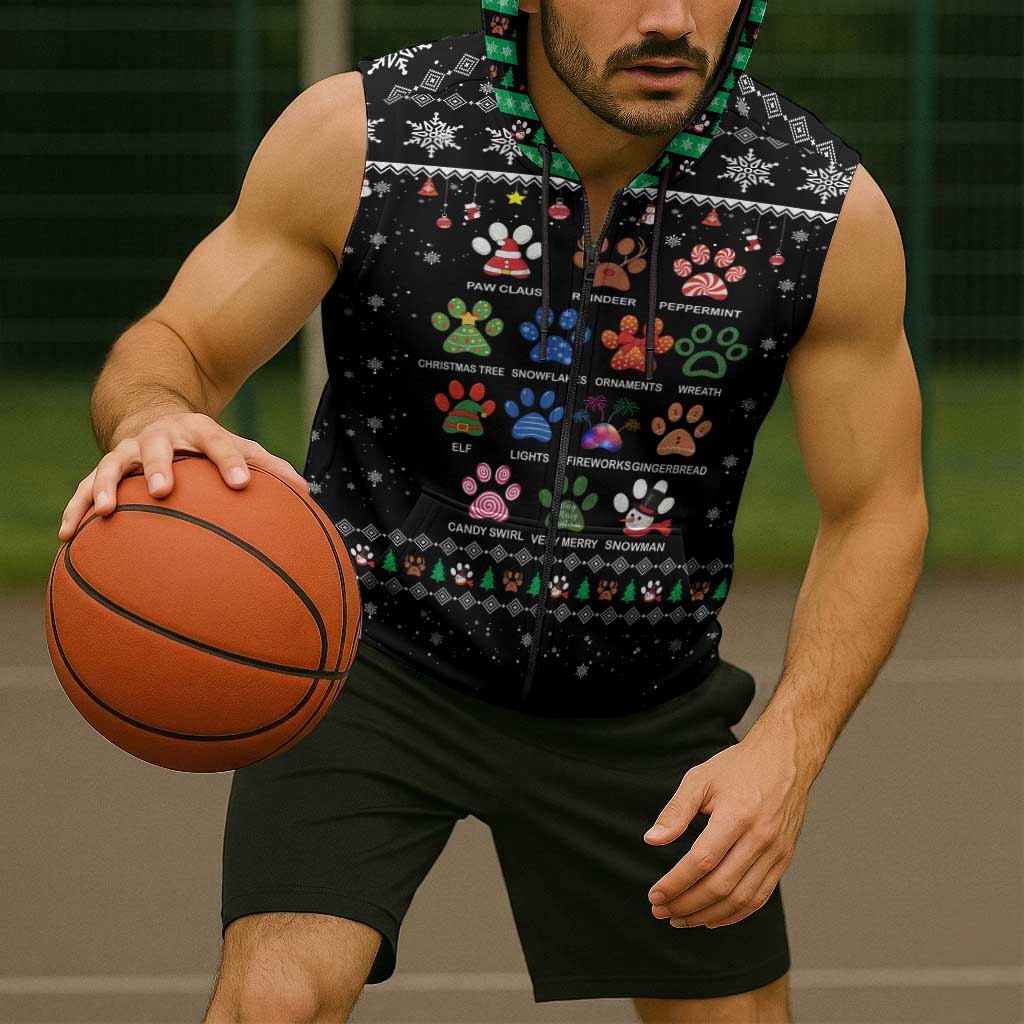 Christmas Colorful Dog Pawprint Sleeveless Zip Hoodie Black Snowflake Pattern Design - Wonder Print Shop