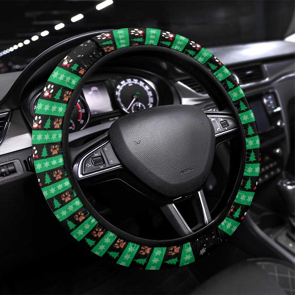 Christmas Colorful Dog Pawprint Steering Wheel Cover Black Snowflake Pattern Design - Wonder Print Shop