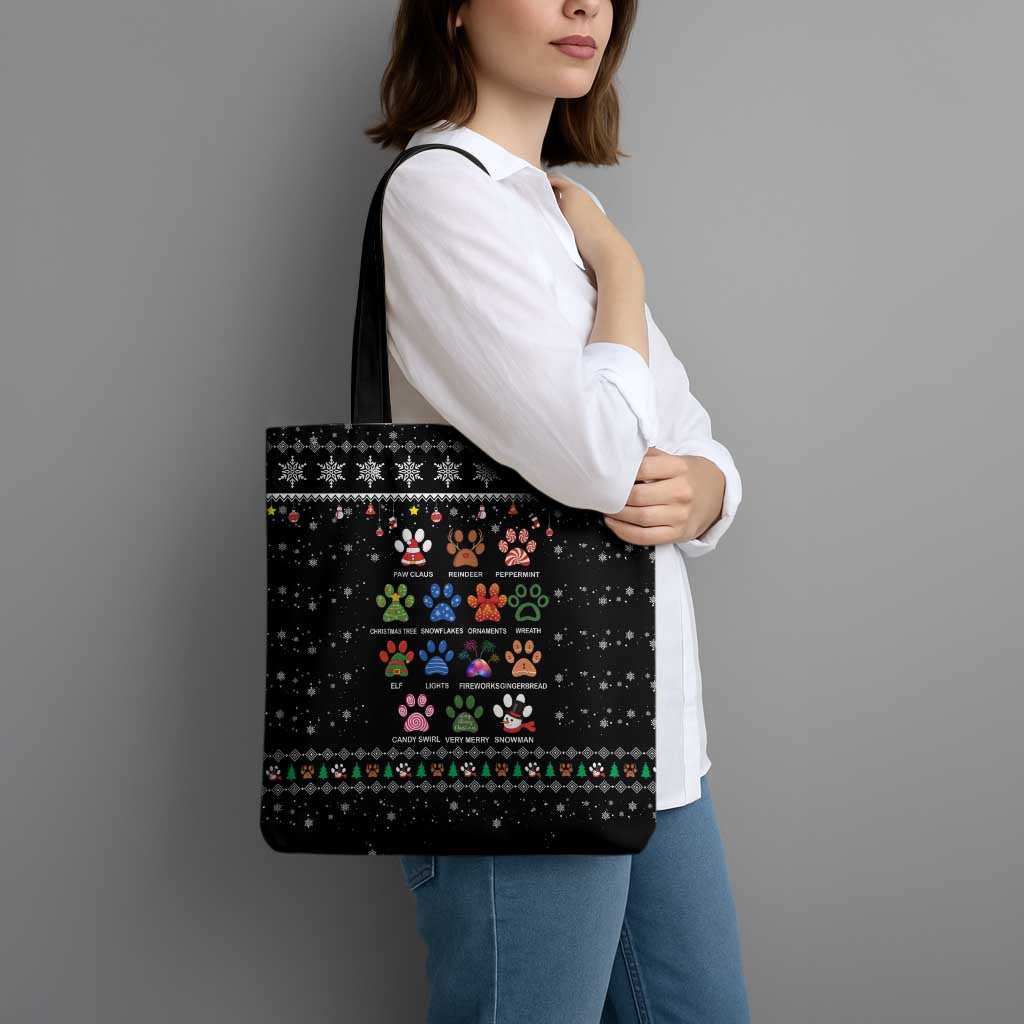 Christmas Colorful Dog Pawprint Tote Bag Black Snowflake Pattern Design - Wonder Print Shop