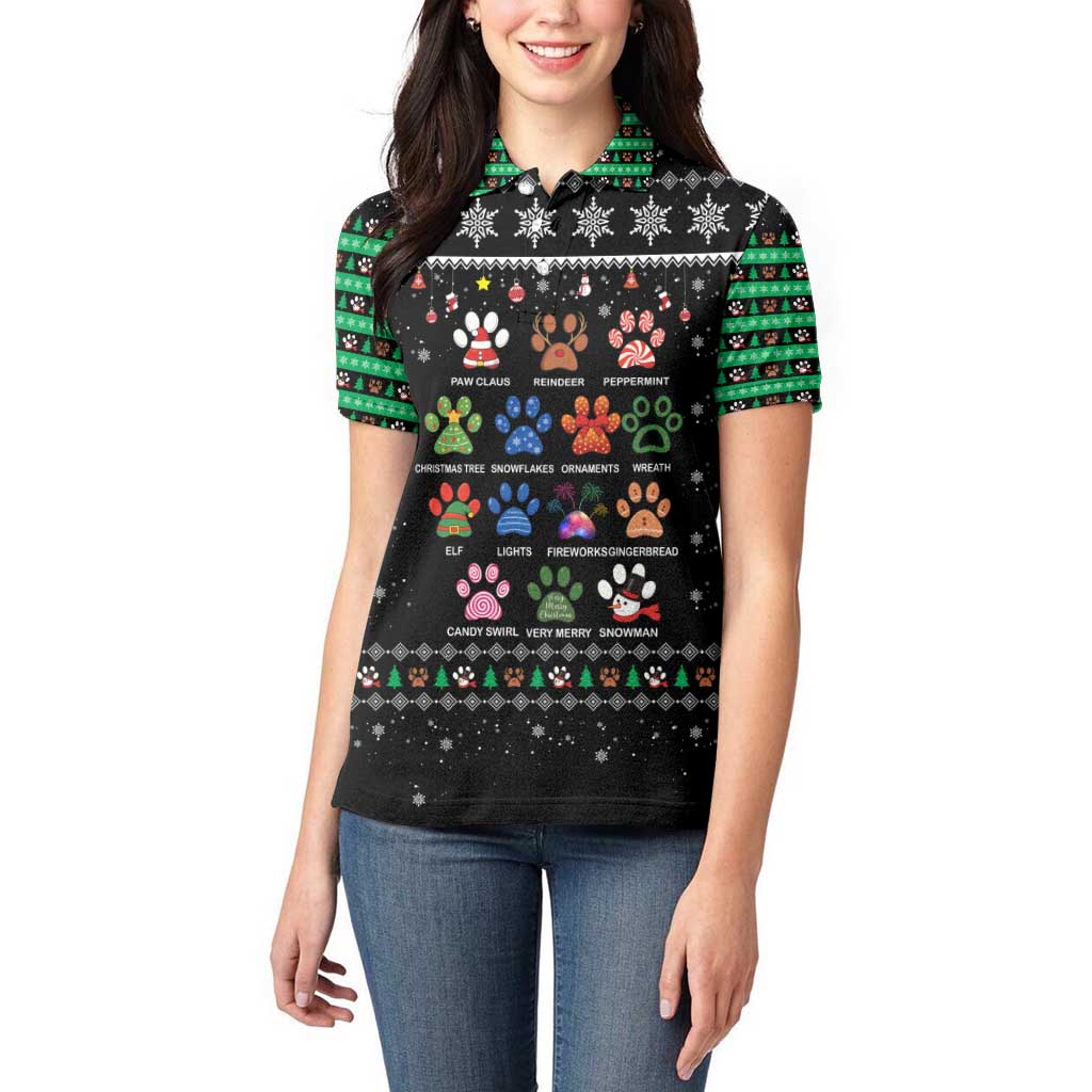 Christmas Colorful Dog Pawprint Women Polo Shirt Black Snowflake Pattern Design - Wonder Print Shop