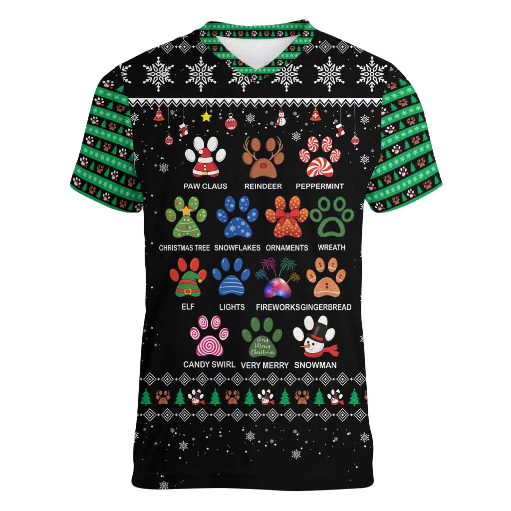 Christmas Colorful Dog Pawprint Women V-Neck T-Shirt Black Snowflake Pattern Design - Wonder Print Shop