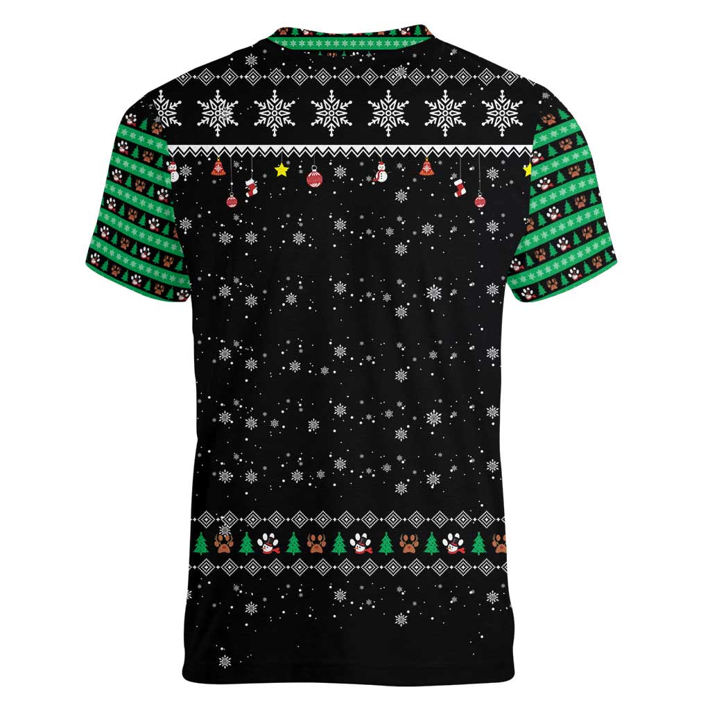 Christmas Colorful Dog Pawprint Women V-Neck T-Shirt Black Snowflake Pattern Design - Wonder Print Shop