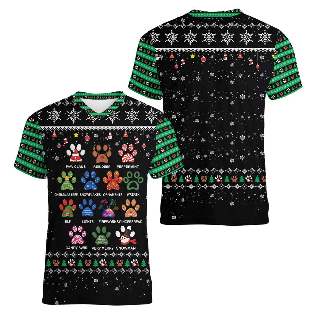 Christmas Colorful Dog Pawprint Women V-Neck T-Shirt Black Snowflake Pattern Design - Wonder Print Shop