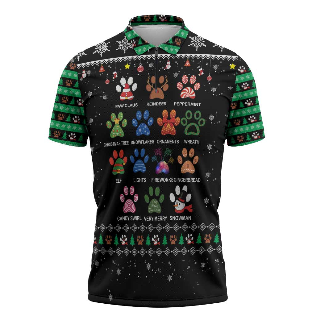 Christmas Colorful Dog Pawprint Zipper Polo Shirt Black Snowflake Pattern Design - Wonder Print Shop