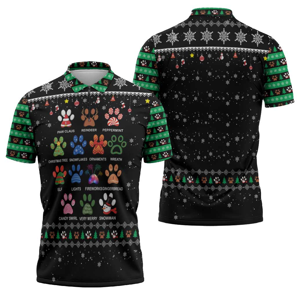 Christmas Colorful Dog Pawprint Zipper Polo Shirt Black Snowflake Pattern Design - Wonder Print Shop
