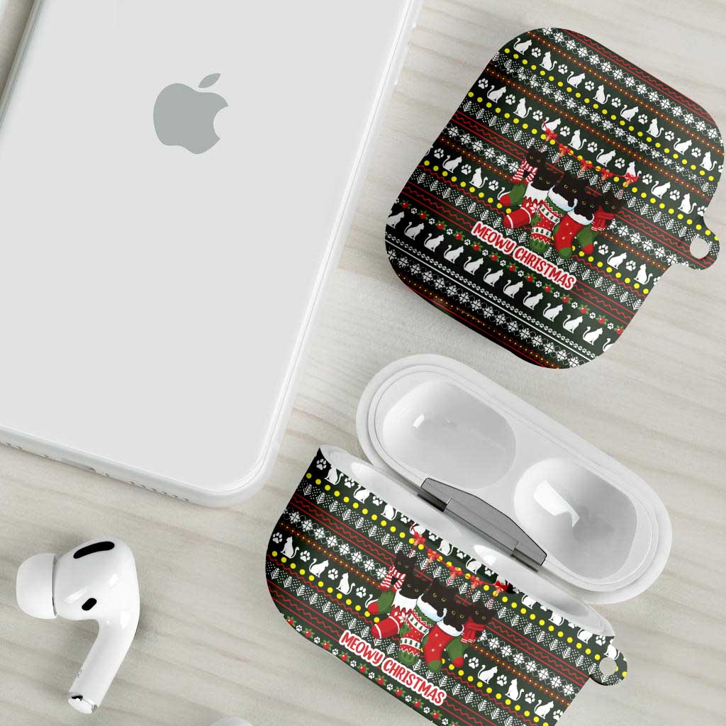 Black Cats in Stockings AirPods Case with Meowy Christmas Quote on Festive Pattern Design - Wonder Print Shop