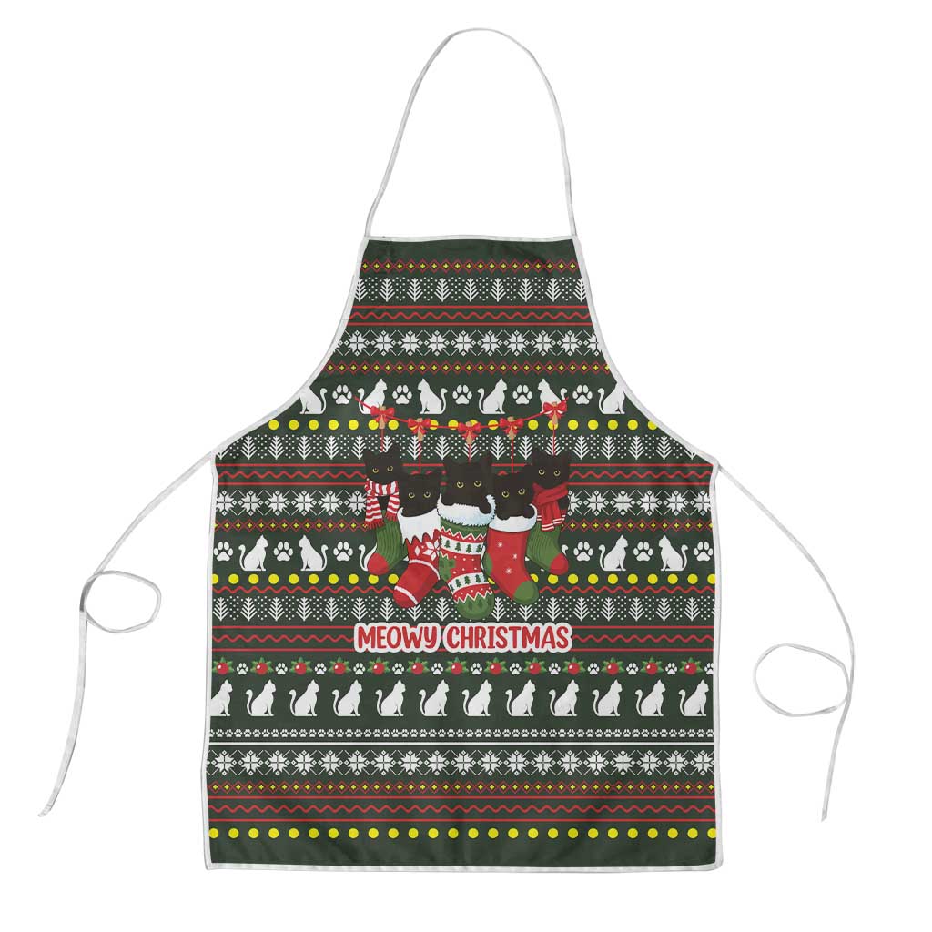 Black Cats in Stockings Apron with Meowy Christmas Quote on Festive Pattern Design - Wonder Print Shop