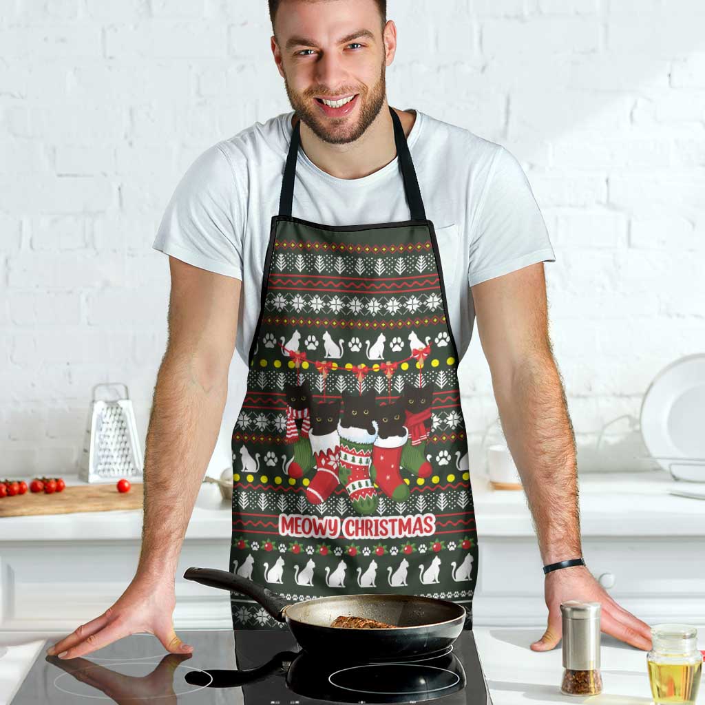 Black Cats in Stockings Apron with Meowy Christmas Quote on Festive Pattern Design - Wonder Print Shop