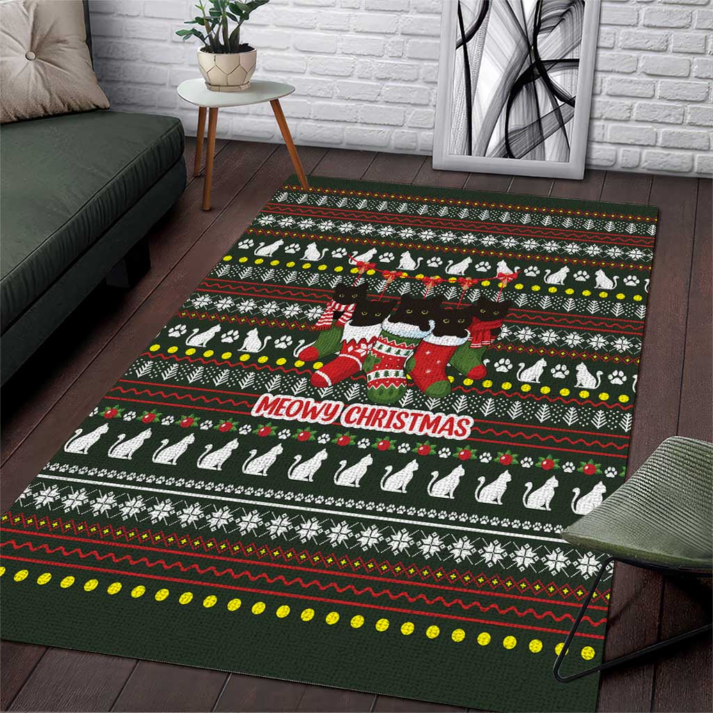 Black Cats in Stockings Area Rug with Meowy Christmas Quote on Festive Pattern Design - Wonder Print Shop