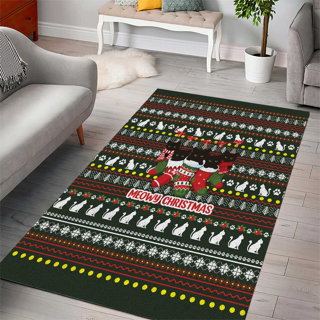 Black Cats in Stockings Area Rug with Meowy Christmas Quote on Festive Pattern Design - Wonder Print Shop