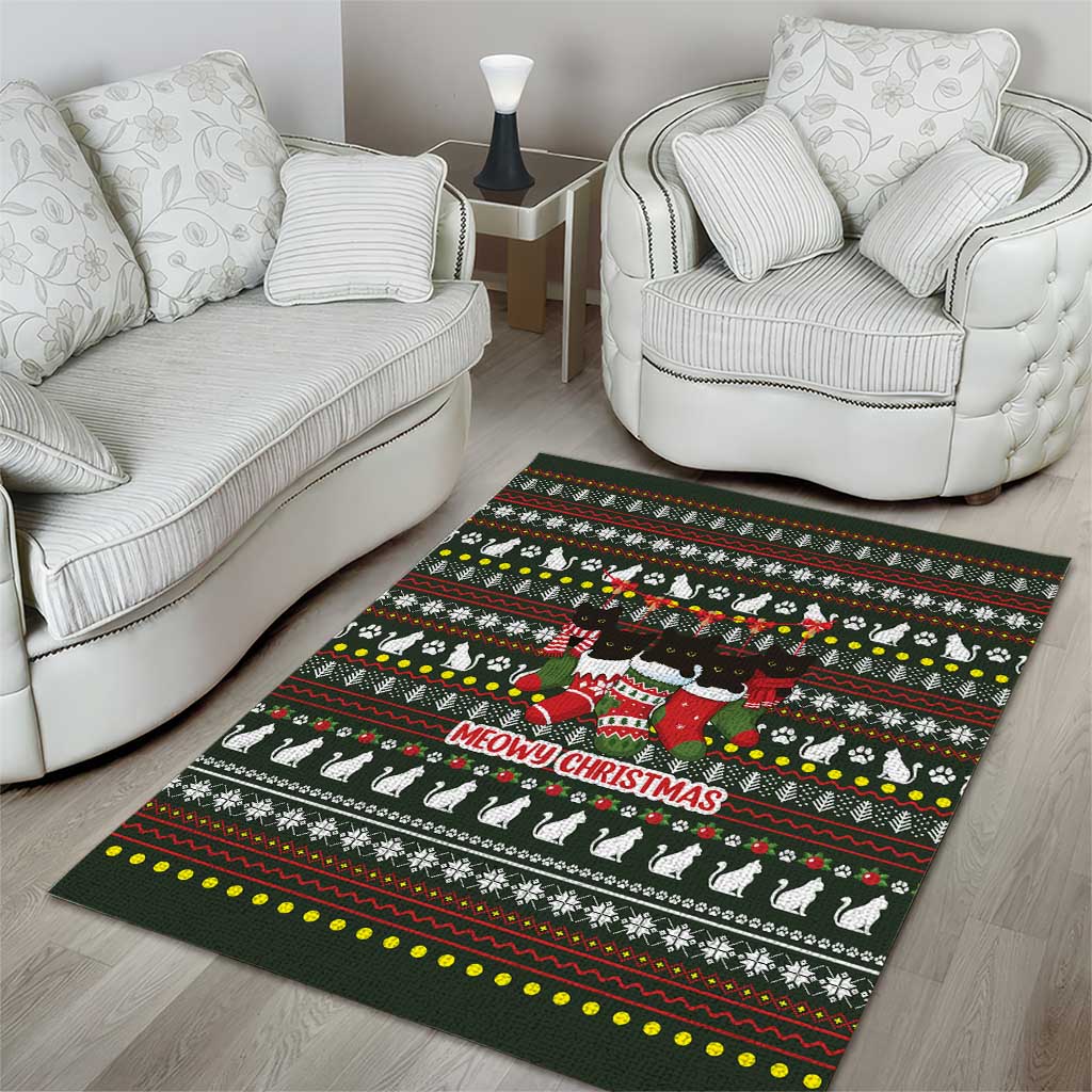 Black Cats in Stockings Area Rug with Meowy Christmas Quote on Festive Pattern Design - Wonder Print Shop