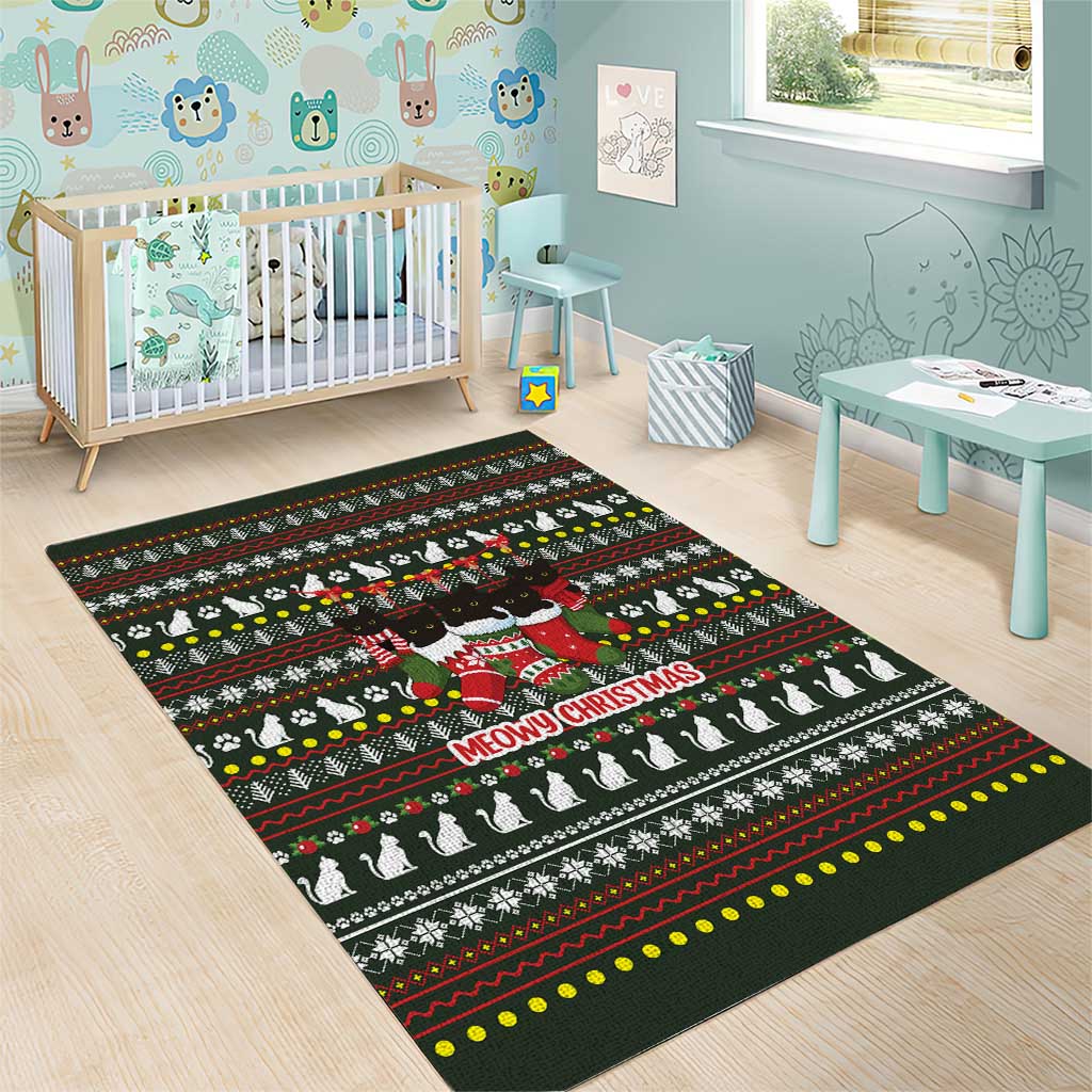 Black Cats in Stockings Area Rug with Meowy Christmas Quote on Festive Pattern Design - Wonder Print Shop