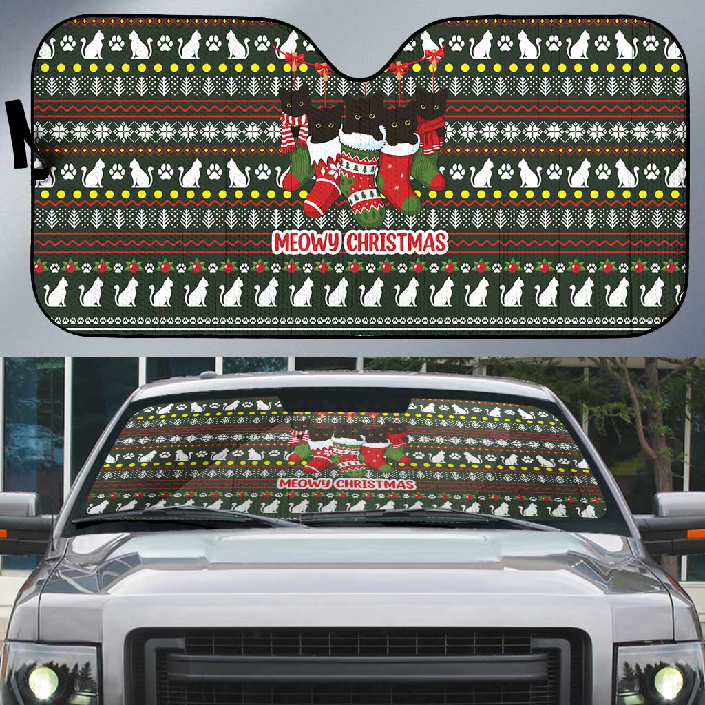 Black Cats in Stockings Auto Sun Shade with Meowy Christmas Quote on Festive Pattern Design - Wonder Print Shop