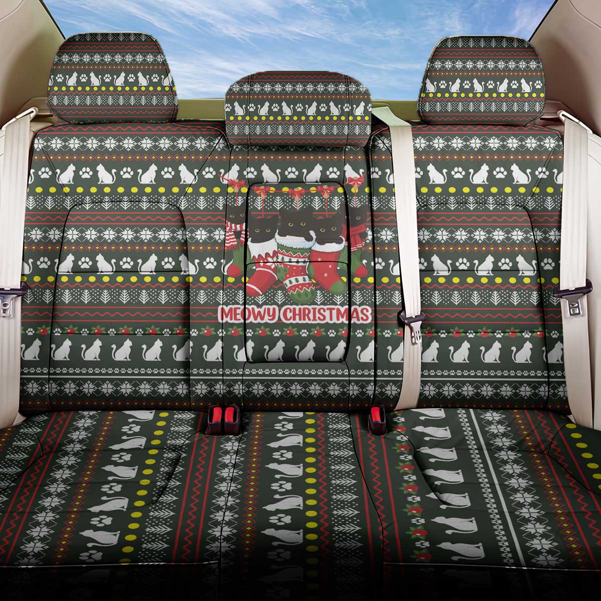 Black Cats in Stockings Back Car Seat Cover with Meowy Christmas Quote on Festive Pattern Design - Wonder Print Shop