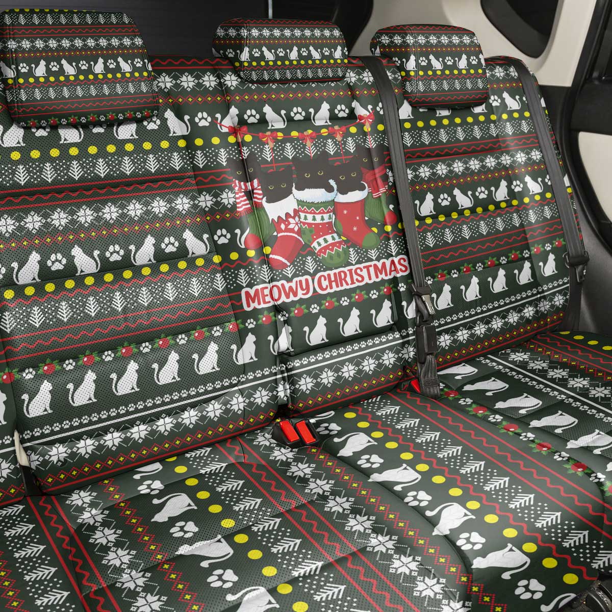 Black Cats in Stockings Back Car Seat Cover with Meowy Christmas Quote on Festive Pattern Design - Wonder Print Shop