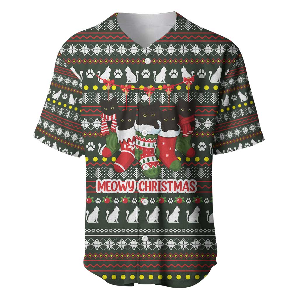 Black Cats in Stockings Baseball Jersey with Meowy Christmas Quote on Festive Pattern Design - Wonder Print Shop