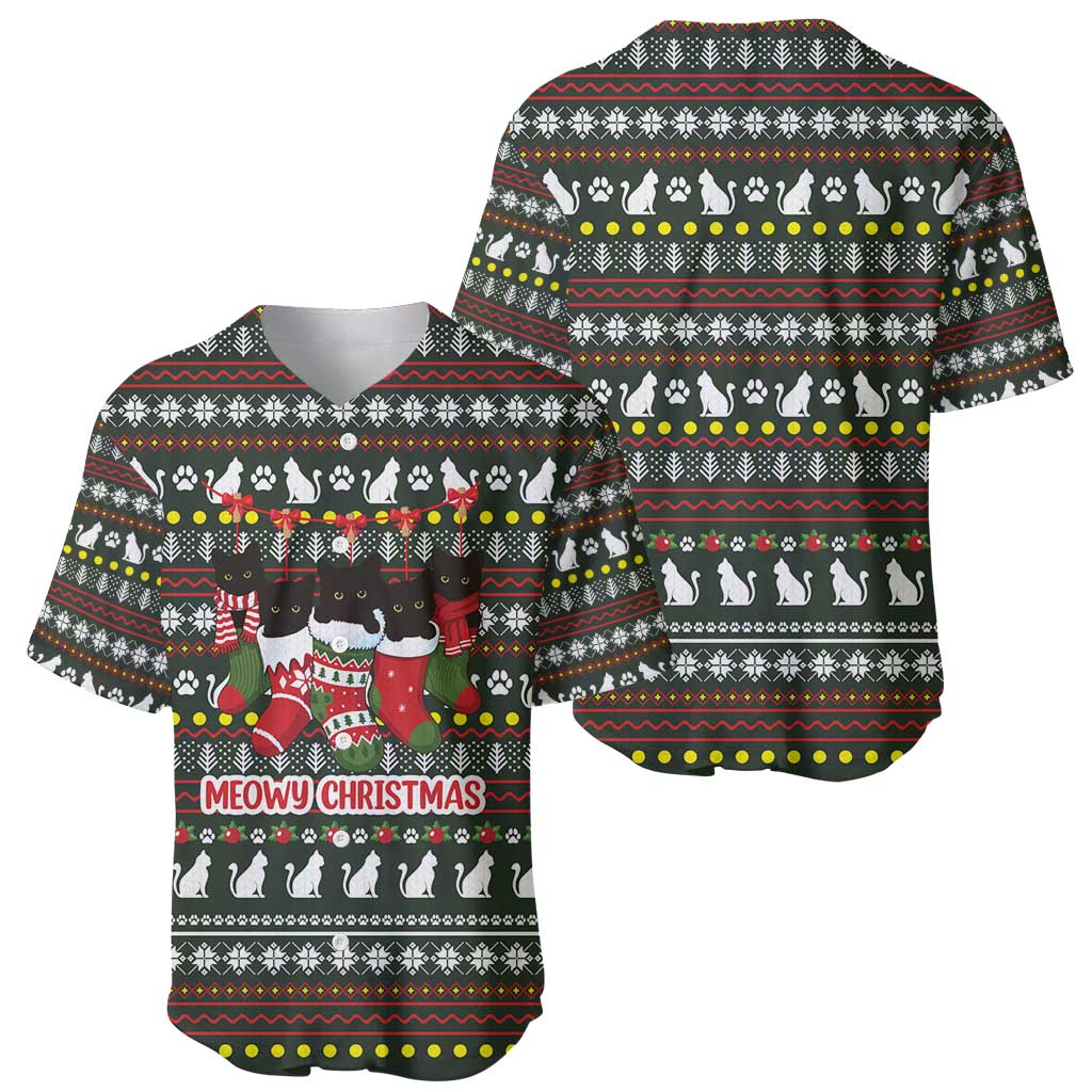 Black Cats in Stockings Baseball Jersey with Meowy Christmas Quote on Festive Pattern Design - Wonder Print Shop