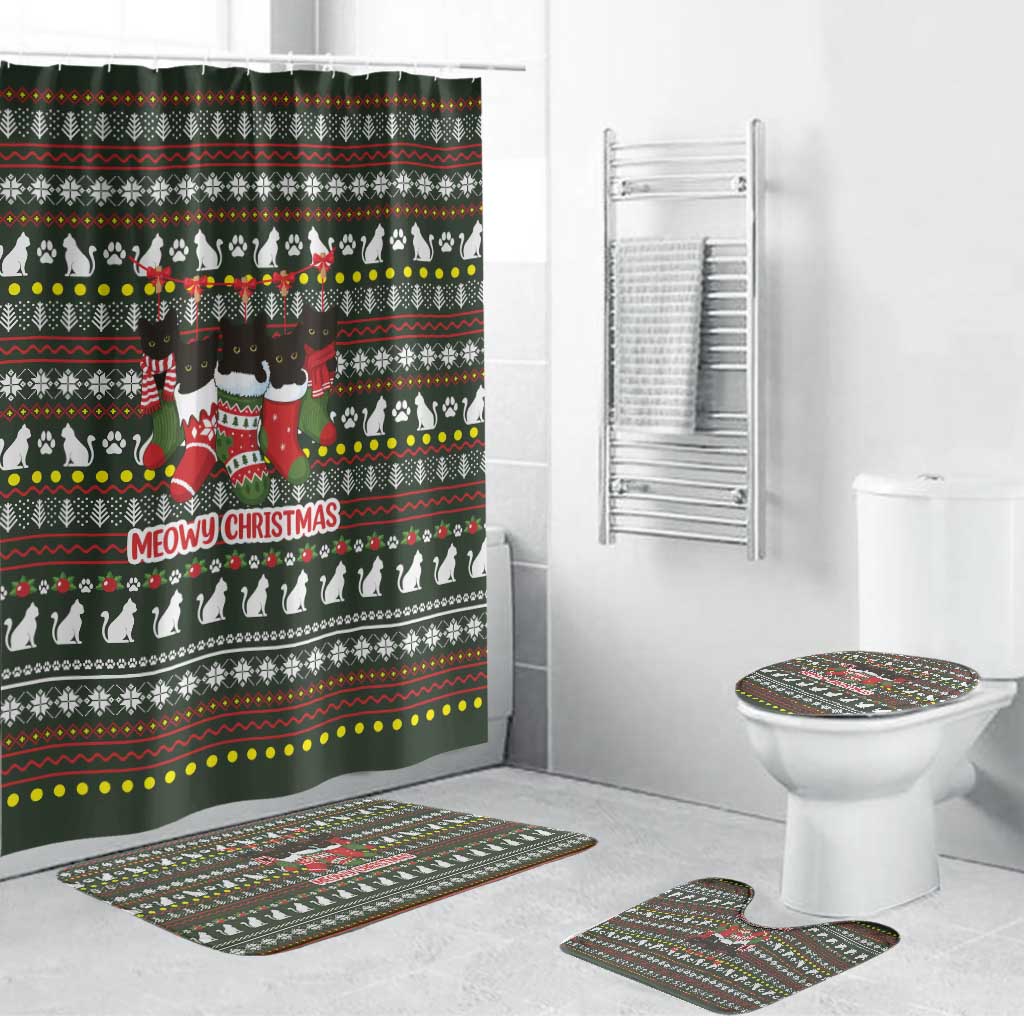 Black Cats in Stockings Bathroom Set with Meowy Christmas Quote on Festive Pattern Design - Wonder Print Shop