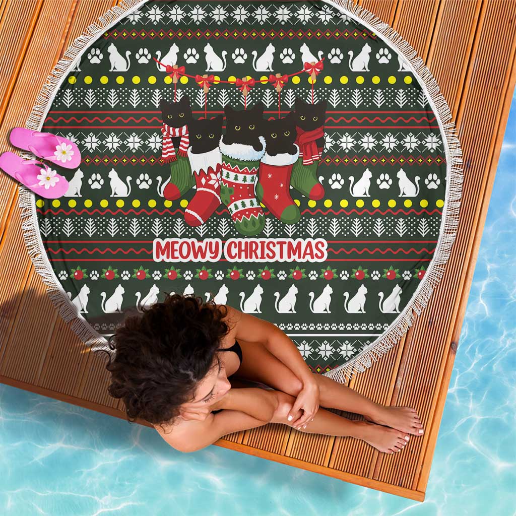 Black Cats in Stockings Beach Blanket with Meowy Christmas Quote on Festive Pattern Design - Wonder Print Shop