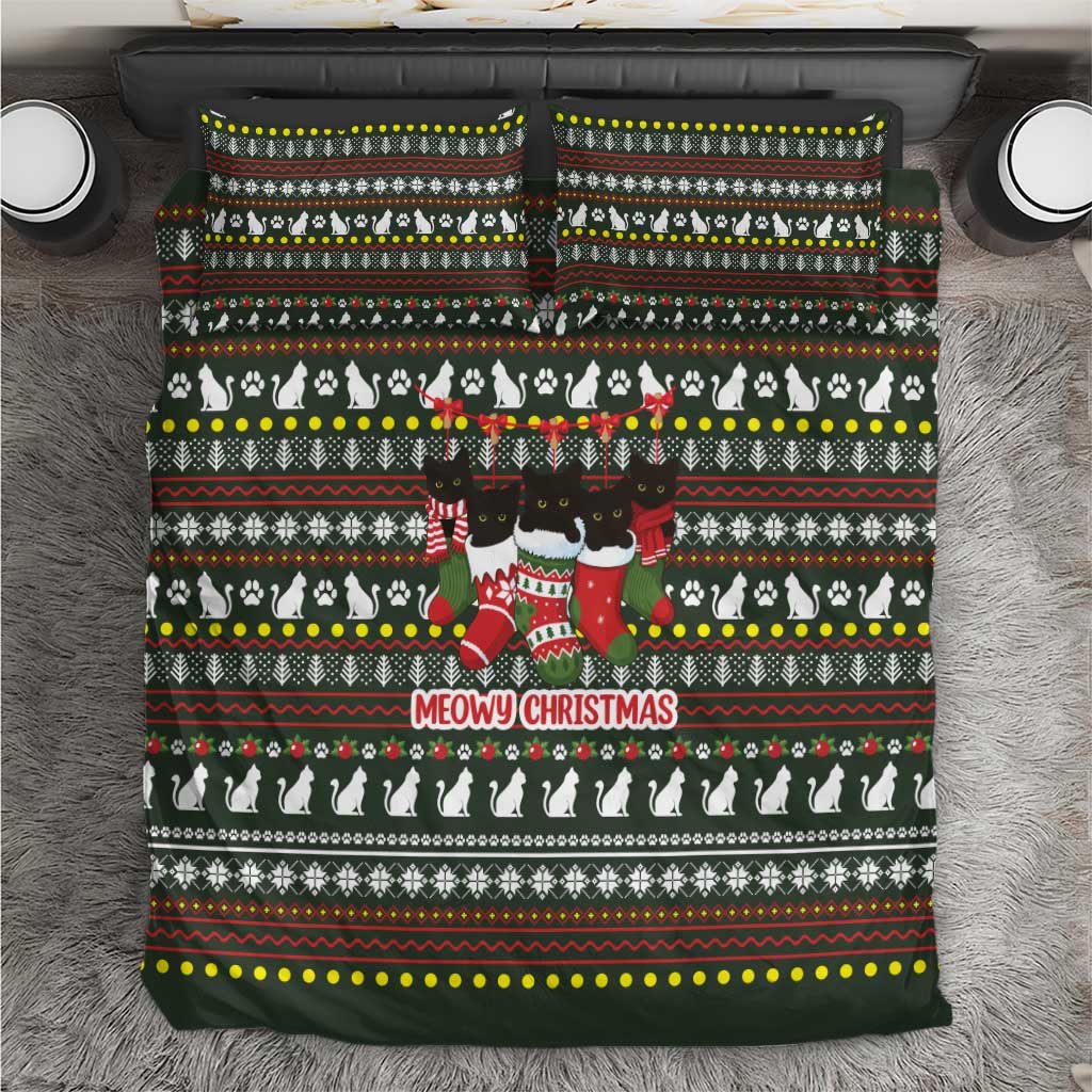 Black Cats in Stockings Bedding Set with Meowy Christmas Quote on Festive Pattern Design - Wonder Print Shop
