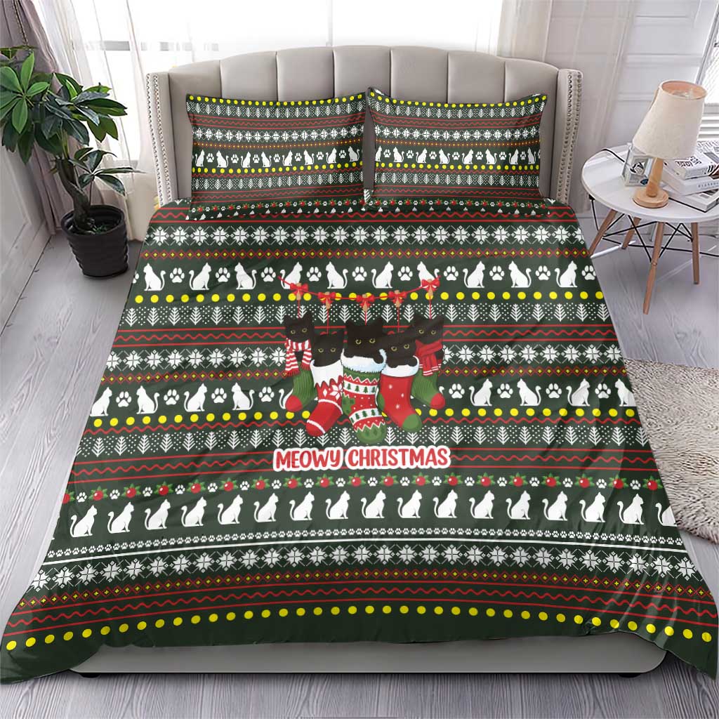 Black Cats in Stockings Bedding Set with Meowy Christmas Quote on Festive Pattern Design - Wonder Print Shop