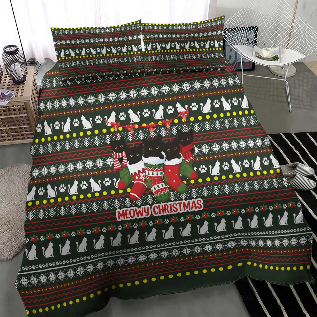 Black Cats in Stockings Bedding Set with Meowy Christmas Quote on Festive Pattern Design - Wonder Print Shop