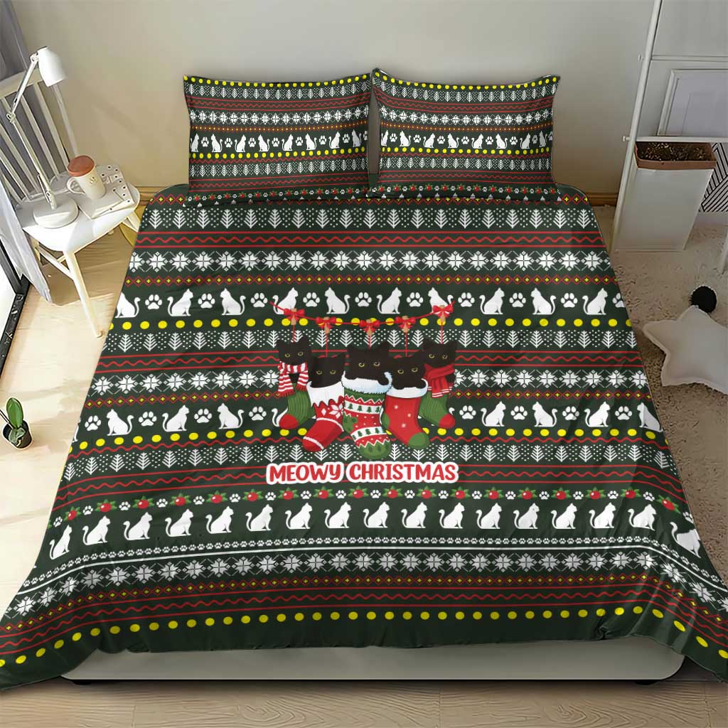 Black Cats in Stockings Bedding Set with Meowy Christmas Quote on Festive Pattern Design - Wonder Print Shop