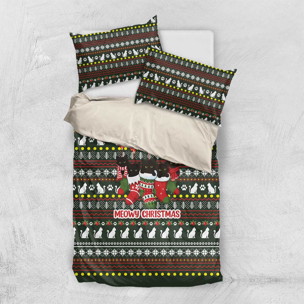 Black Cats in Stockings Bedding Set with Meowy Christmas Quote on Festive Pattern Design - Wonder Print Shop