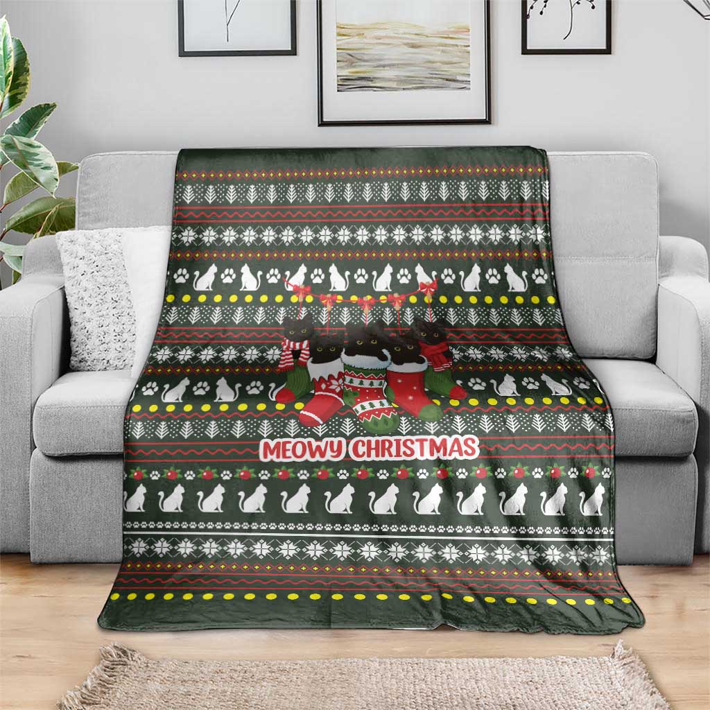 Black Cats in Stockings Blanket with Meowy Christmas Quote on Festive Pattern Design - Wonder Print Shop