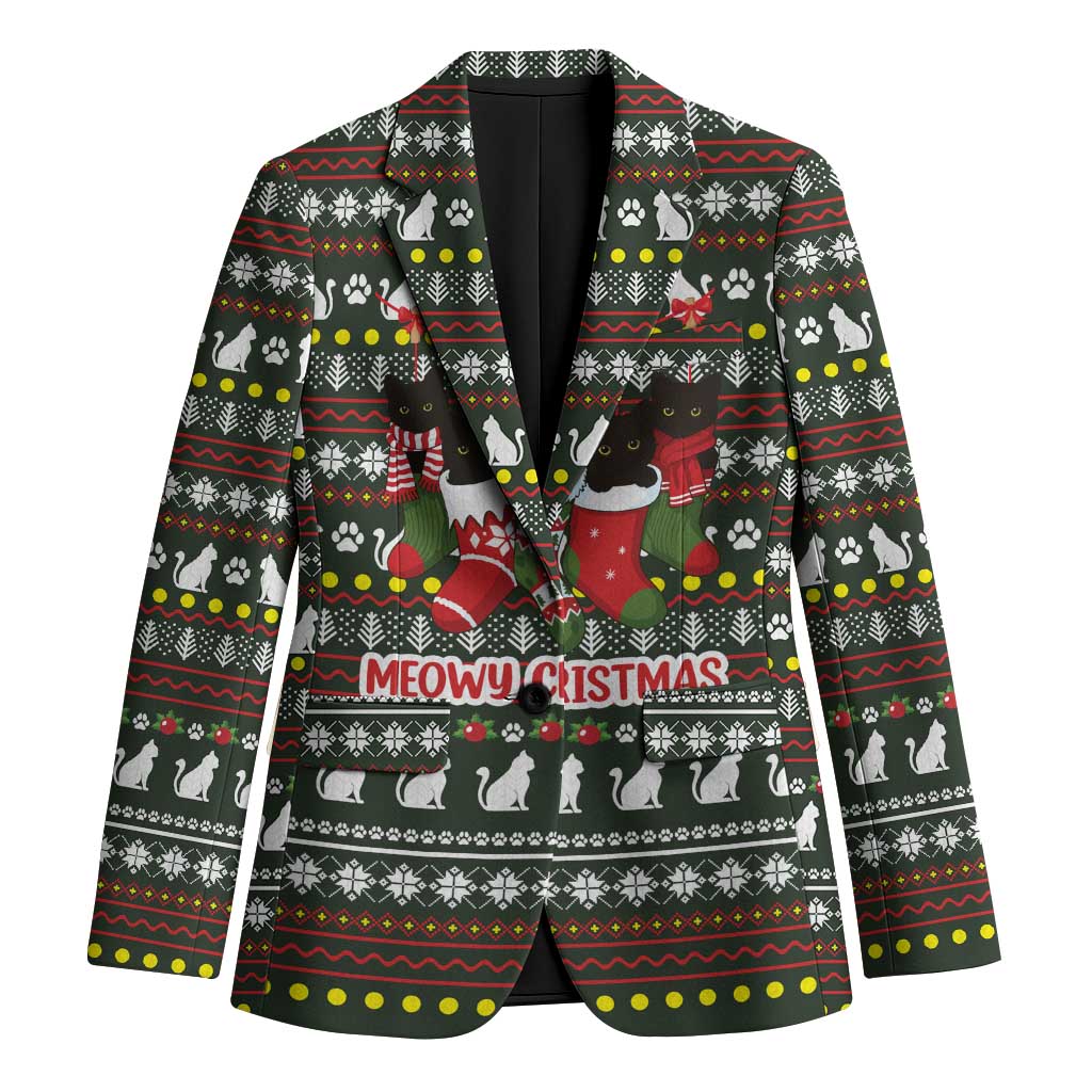 Black Cats in Stockings Blazer with Meowy Christmas Quote on Festive Pattern Design - Wonder Print Shop