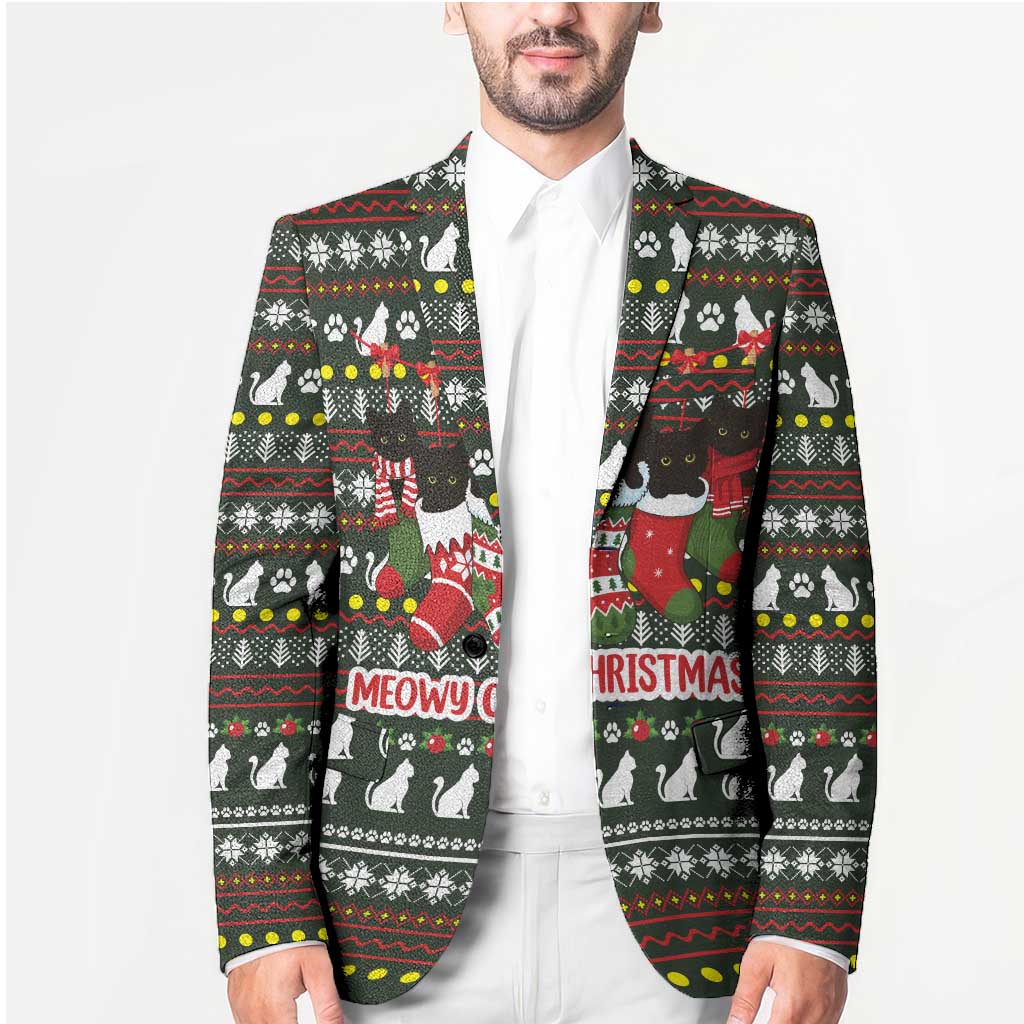Black Cats in Stockings Blazer with Meowy Christmas Quote on Festive Pattern Design - Wonder Print Shop