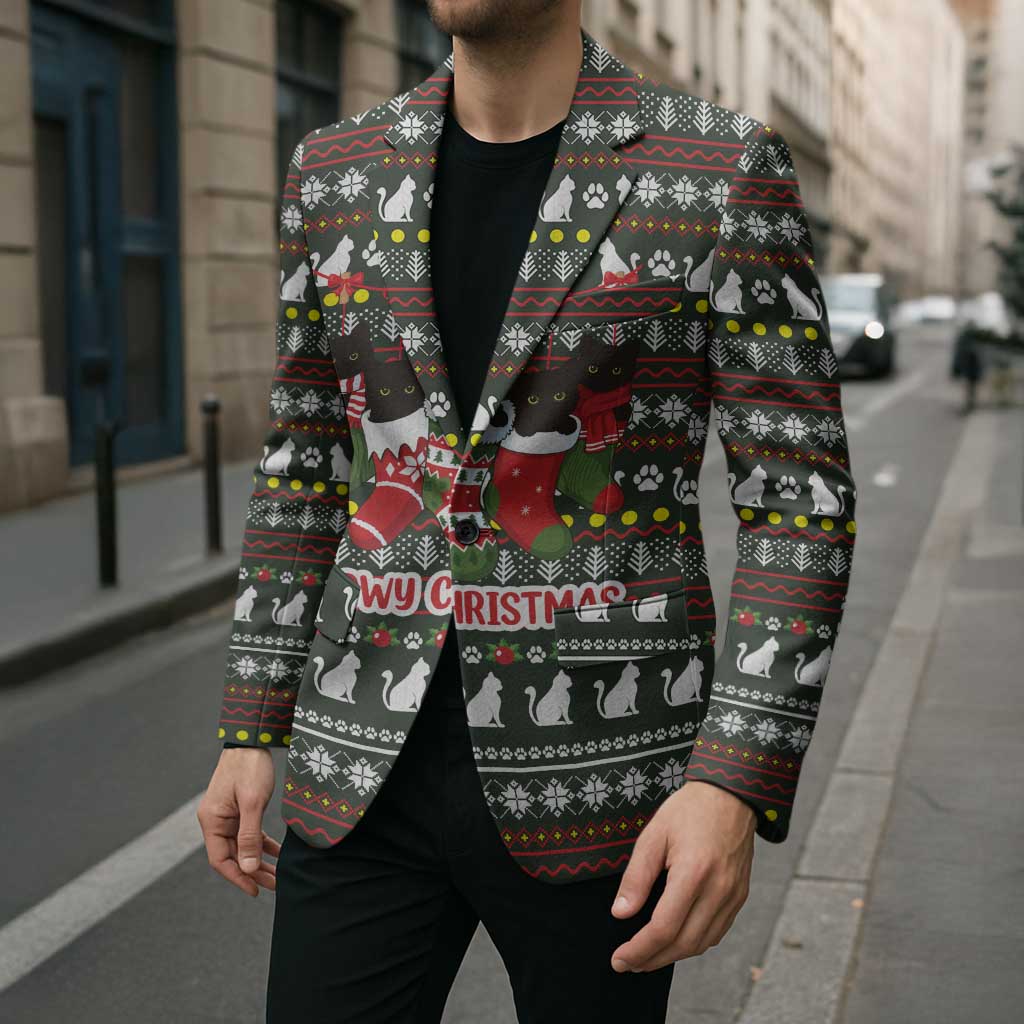 Black Cats in Stockings Blazer with Meowy Christmas Quote on Festive Pattern Design - Wonder Print Shop